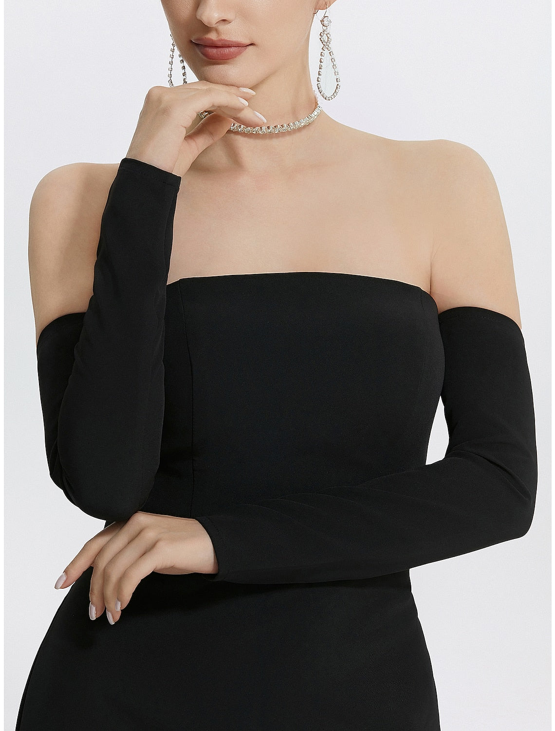 Black Mermaid Strapless Long Sleeve High Slit Floor-Length Evening Gown - Chloe Dress