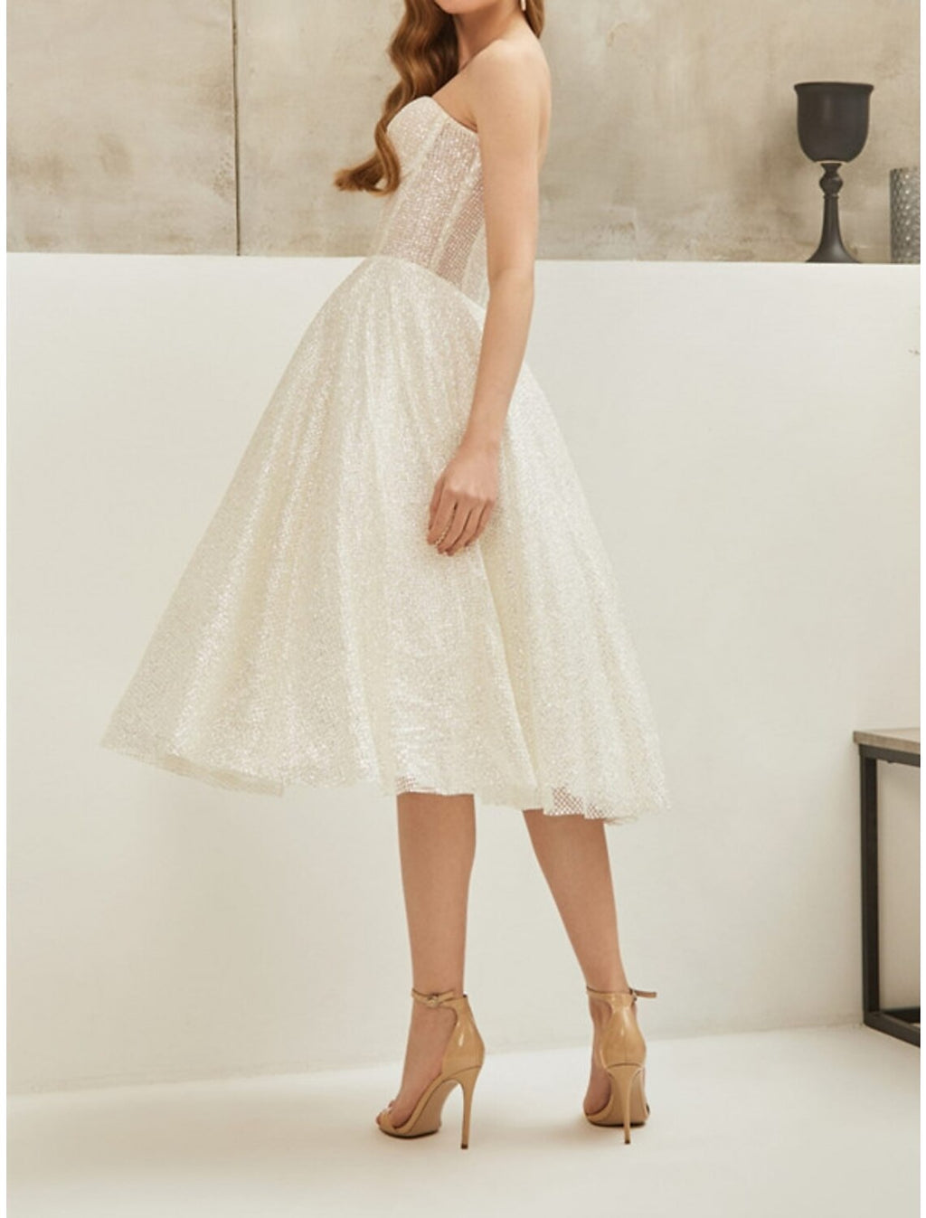 A-Line Strapless Sequin Sleeveless Lace-Up Back Pleated Knee-Length Party Dress - Chloe Dress