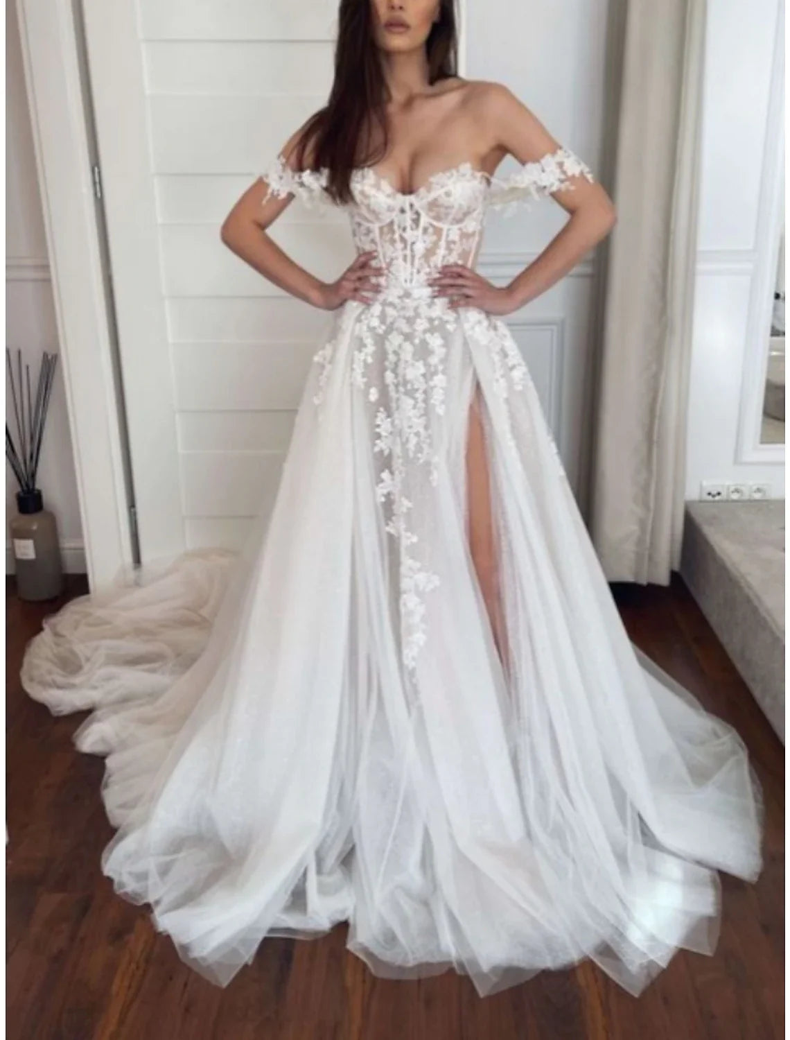 A-Line Sweetheart Lace Sleeveless Pleated Wedding Gown - Chloe Dress