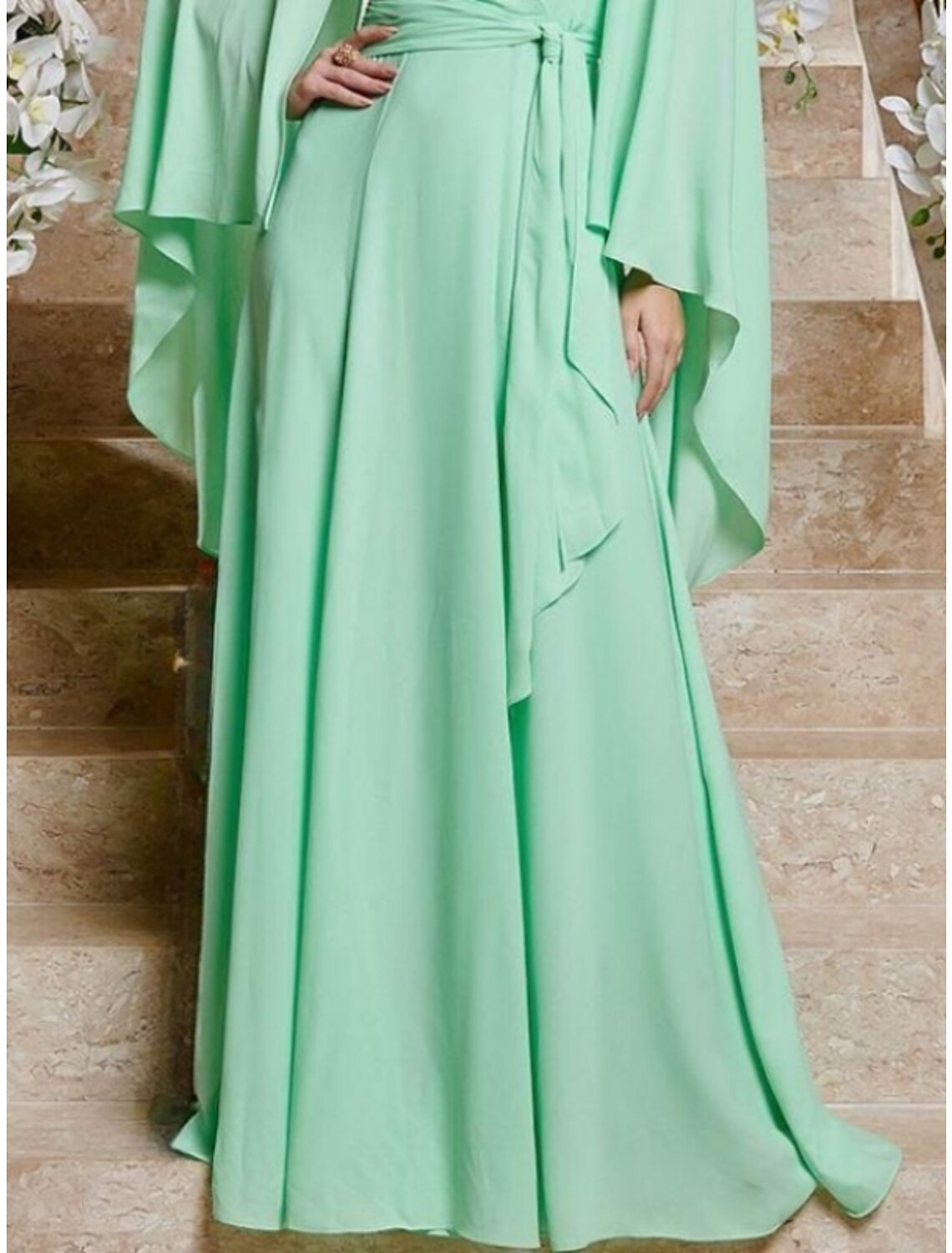 Sheath V-Neck Chiffon Long Sleeve Ruffled Floor-Length Wedding Dress - Chloe Dress