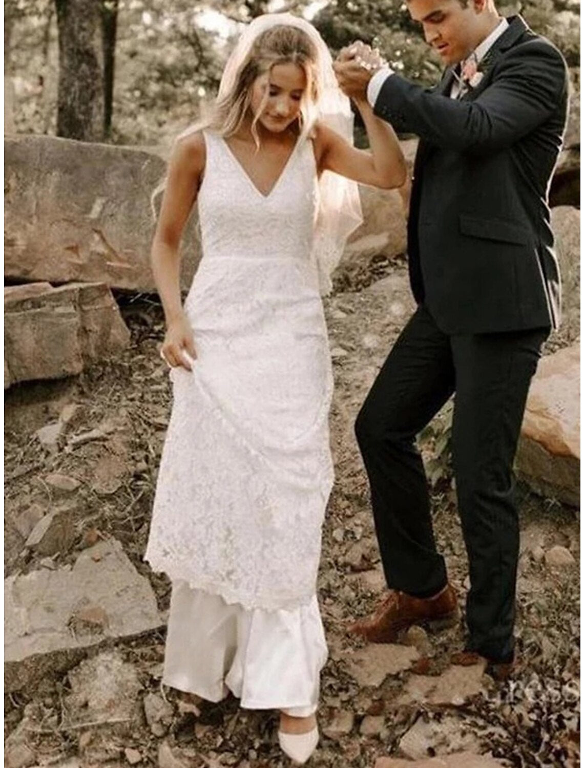Mermaid V-Neck Lace Sleeveless Train Wedding Gown - Chloe Dress