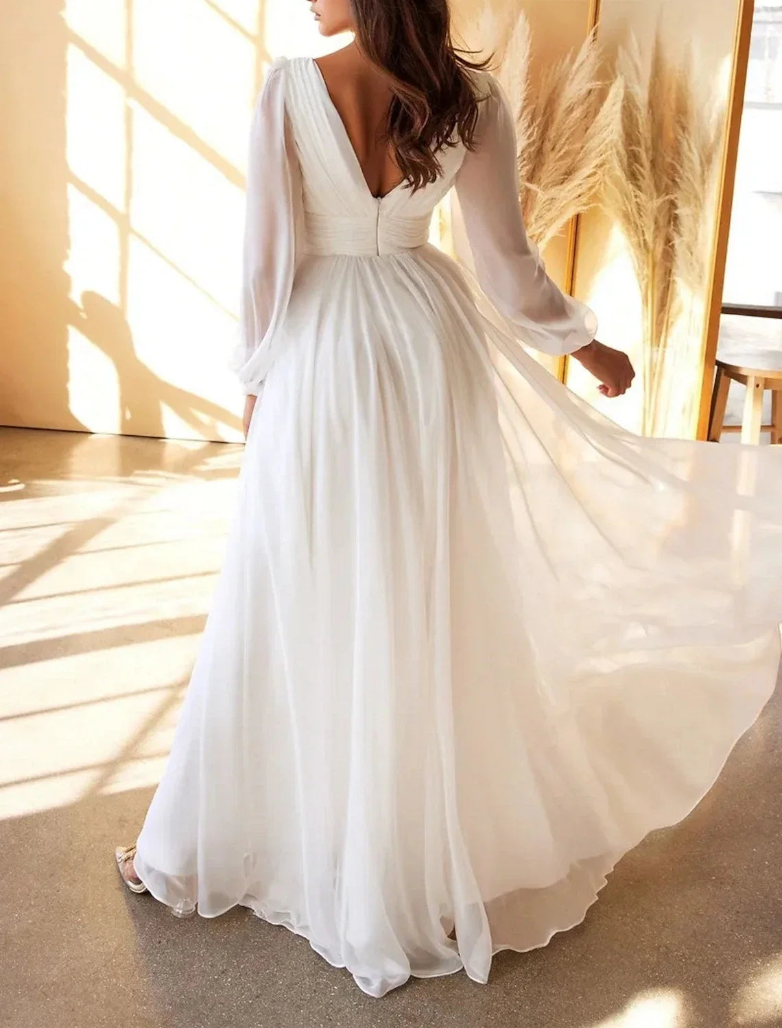 White A-Line V-Neck Chiffon Long Sleeve Floor-Length Wedding Gown - Chloe Dress