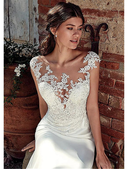 Mermaid Illusion Chiffon Cap Sleeve Open Back Train Wedding Gown - Chloe Dress