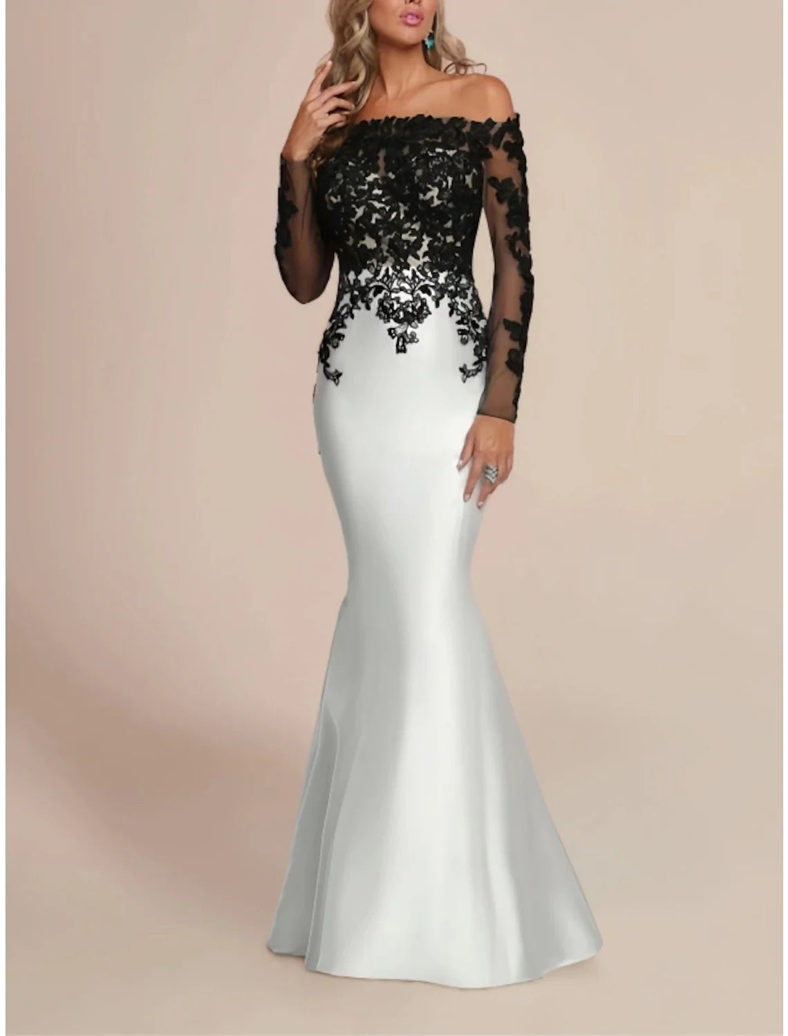 Mermaid Off-Shoulder Satin Long Sleeve Pleated Floor-Length Evening Gown - Chloe Dress