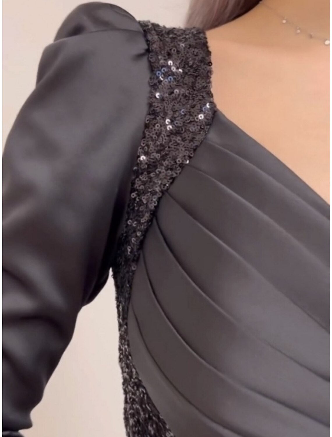 Black A-Line One-Shoulder Satin Long Sleeve Pleated Evening Gown - Chloe Dress