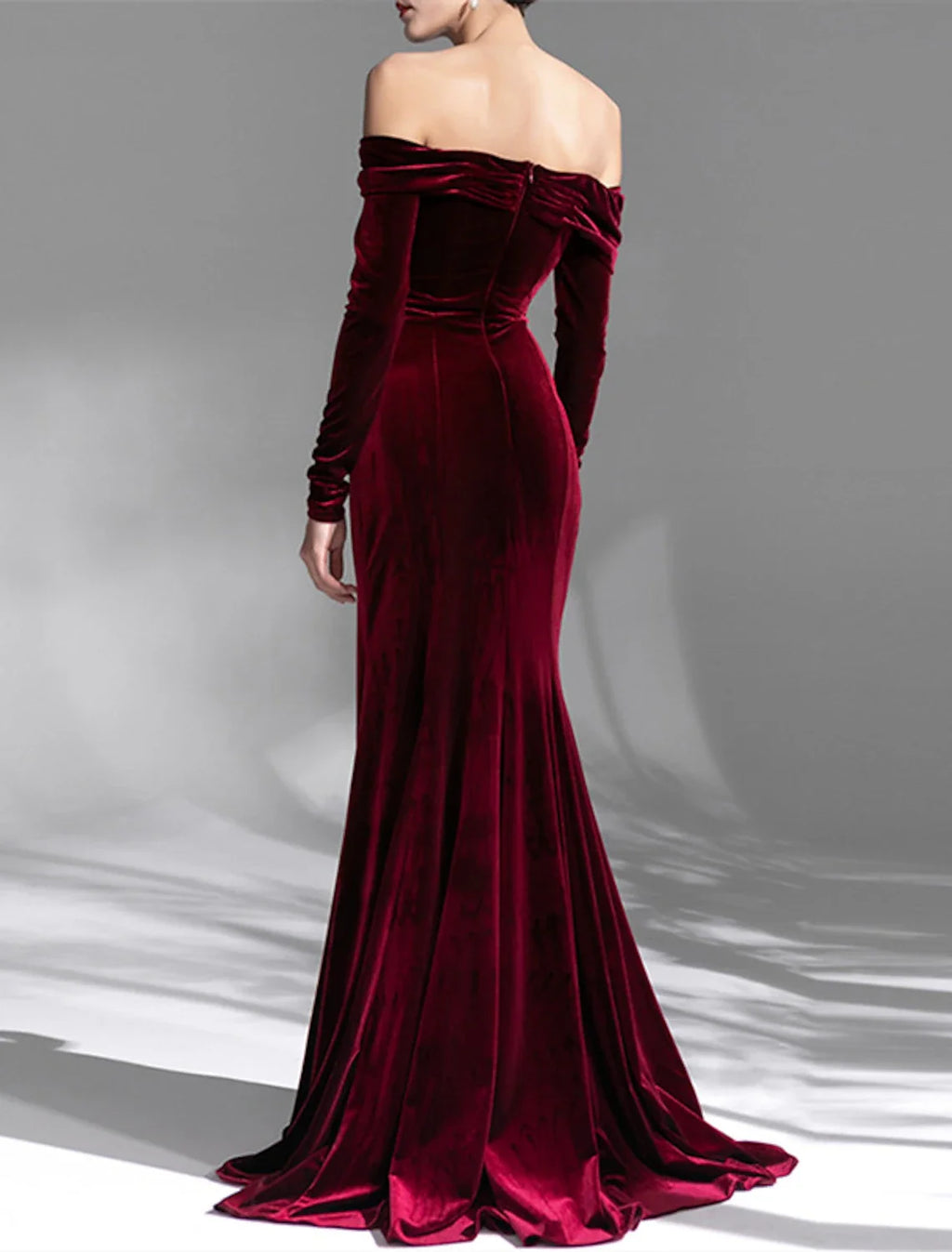 Mermaid Off-Shoulder Velvet Long Sleeve Open Back Train Evening Gown - Chloe Dress