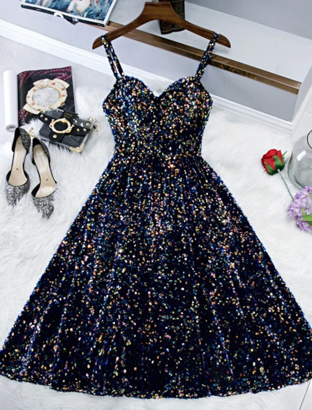 A-Line Spaghetti Strap Sequin Sleeveless Knee-Length Cocktail Dress - Chloe Dress