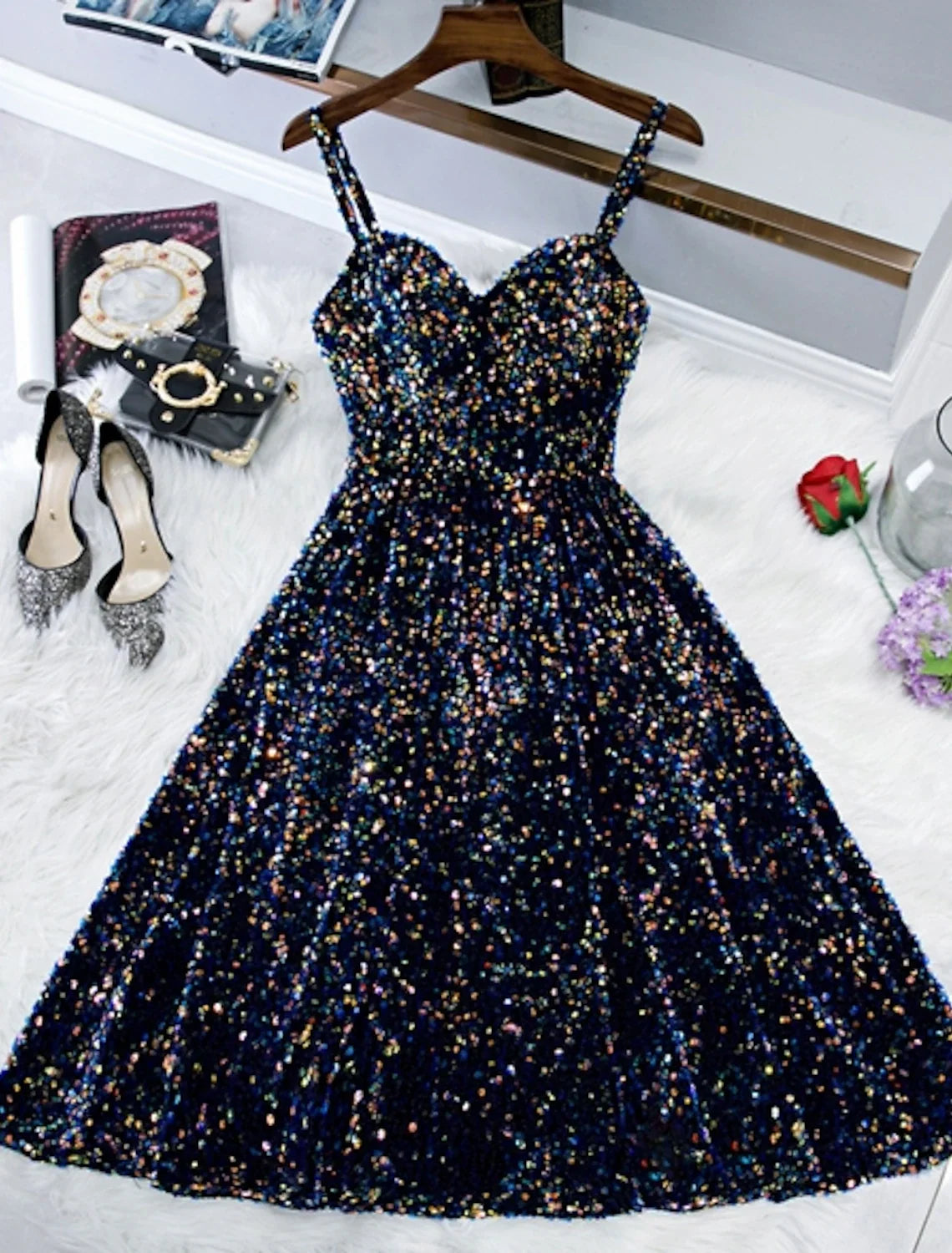 A-Line Spaghetti Strap Sequin Sleeveless Knee-Length Cocktail Dress - Chloe Dress