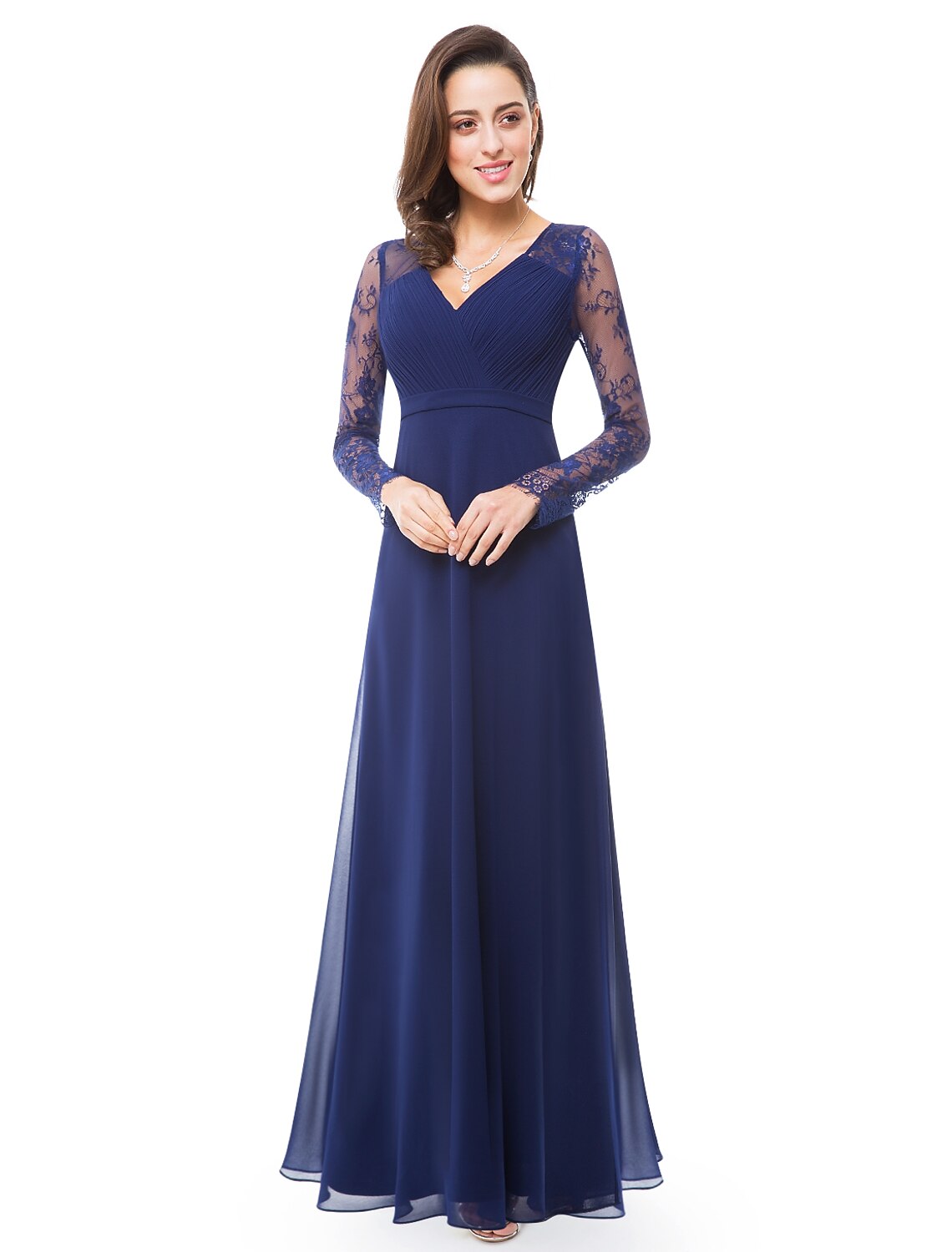 A-Line V-Neck Chiffon Long Sleeve Floor-Length Evening Gown - Chloe Dress