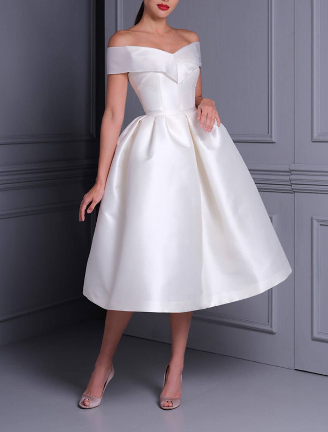 White A-Line Off-Shoulder Satin Cap Sleeve Tea-Length Wedding Gown - Chloe Dress