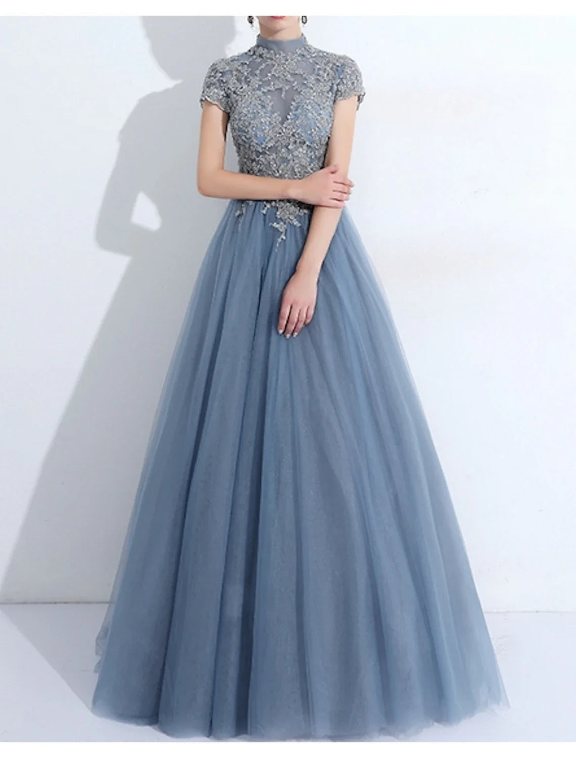 A-Line High Neck Tulle Short Sleeve Pleated Floor-Length Evening Gown - Chloe Dress