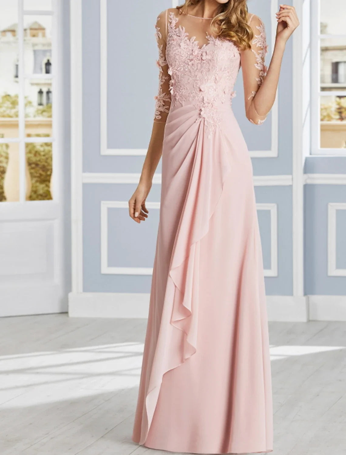 Sheath Illusion Chiffon Ruffled Floor-Length Evening Dress - Chloe Dress