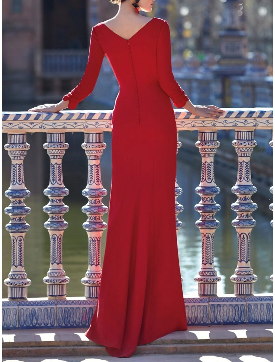 Green Sheath V-Neck Chiffon Three-Quarter Sleeve High Slit Floor-Length Evening Gown - Chloe Dress