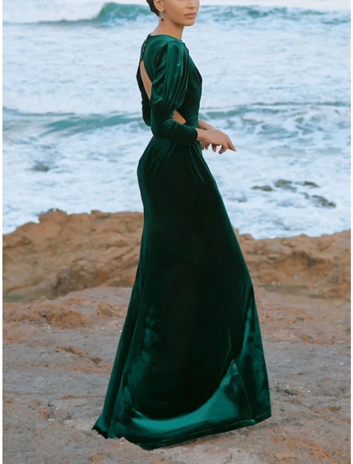 A-Line Velvet Long Sleeve Floor-Length Evening Gown - Chloe Dress