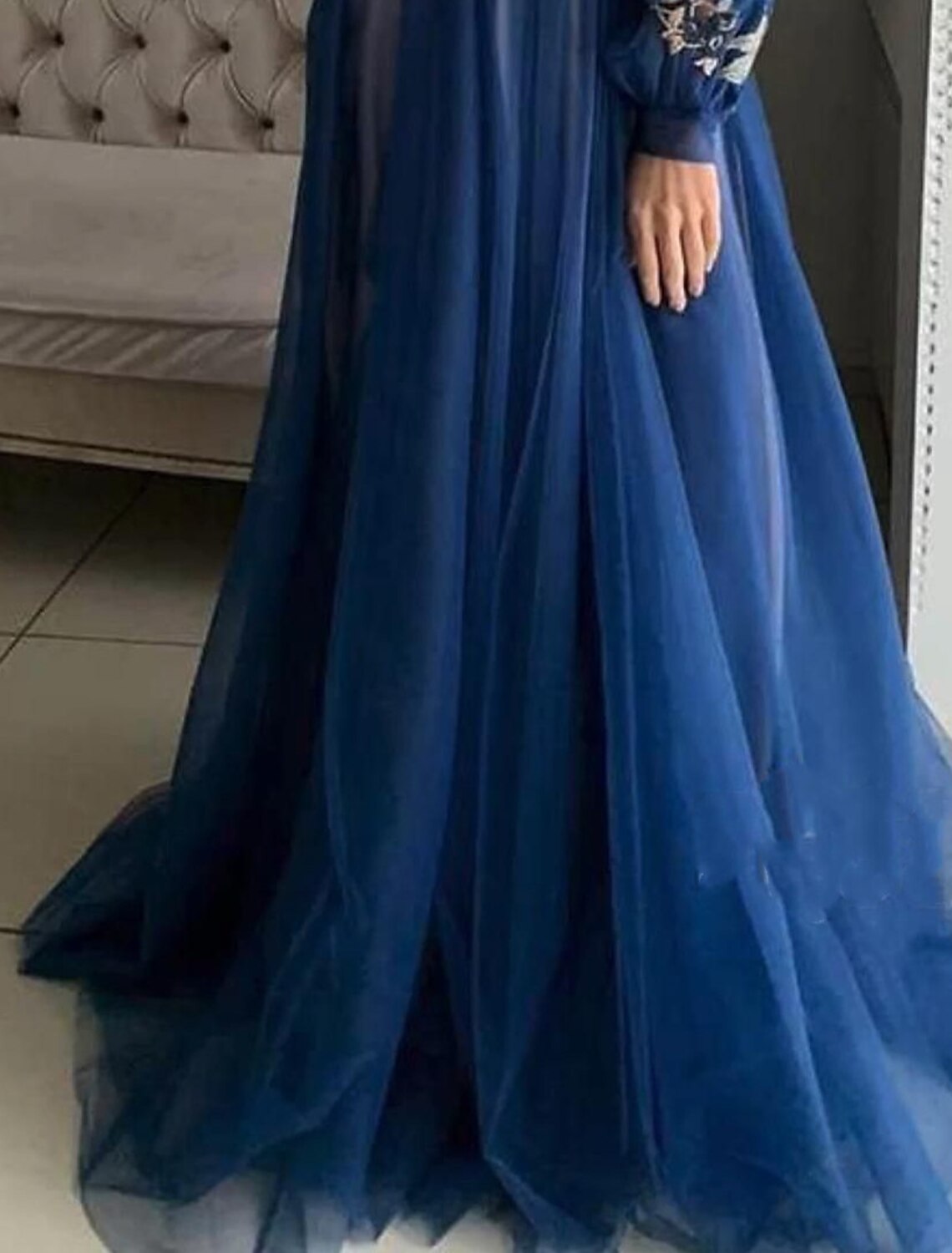 A-Line Tulle Long Sleeve Train Evening Gown - Chloe Dress