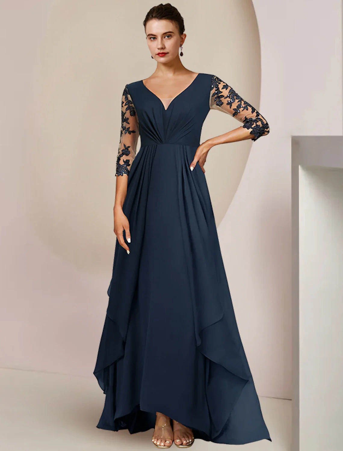 A-Line V-Neck Chiffon Three-Quarter Sleeve Applique Ankle-Length Wedding Dress - Chloe Dress