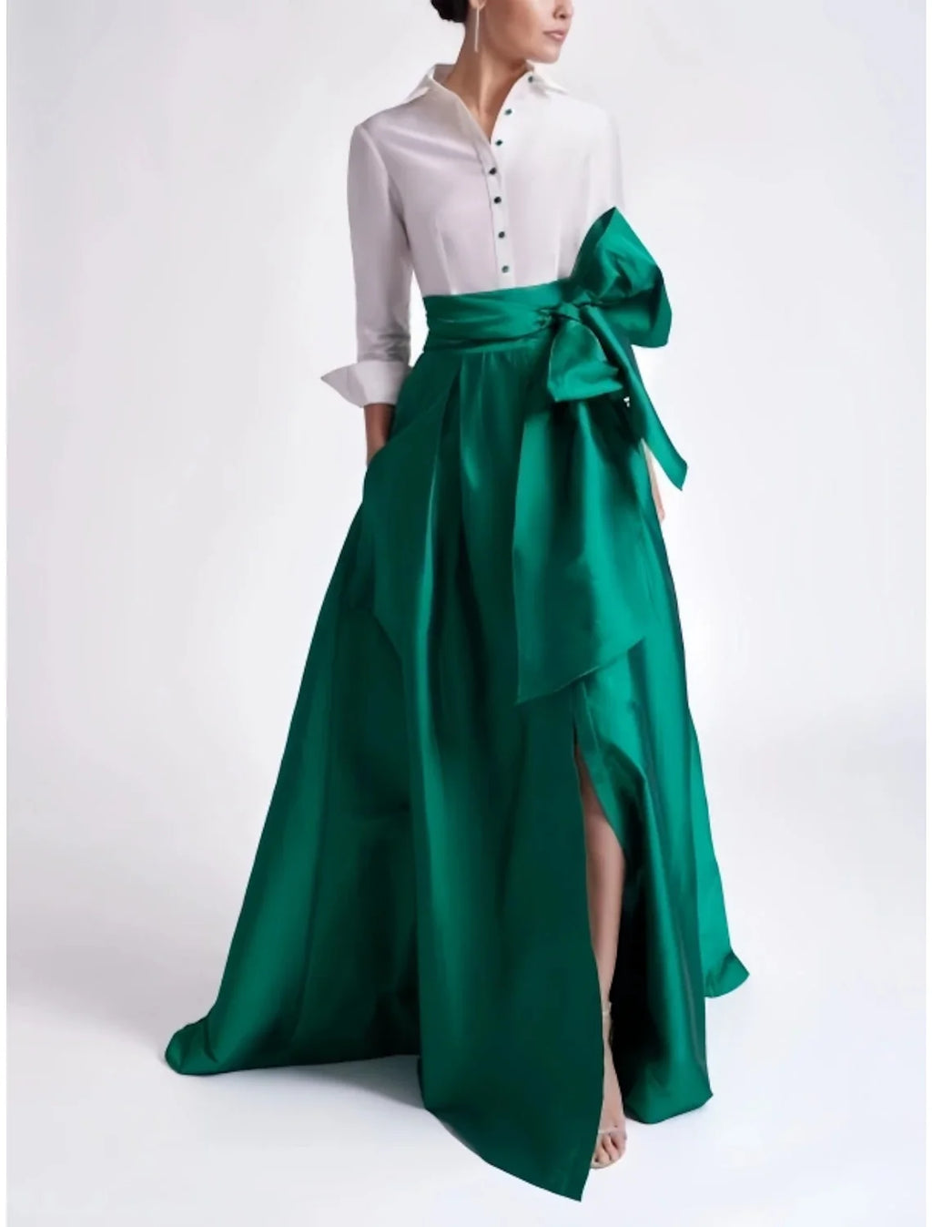Green A-Line Satin Three-Quarter Sleeve High Slit Evening Gown - Chloe Dress