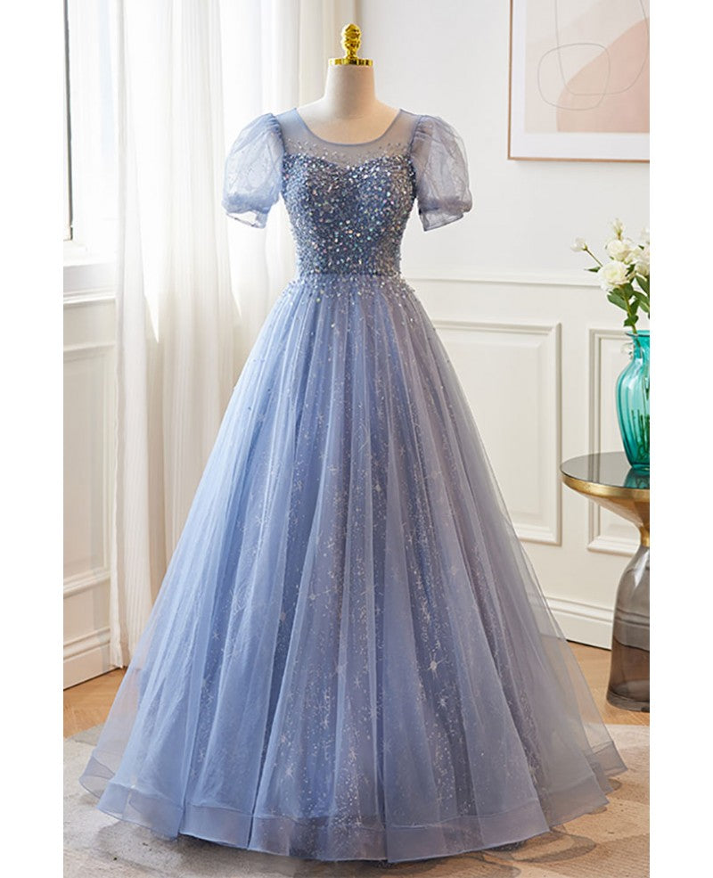 Sky Blue A-Line Sequin Short Sleeve Backless Beaded Mini Evening Dress - Chloe Dress