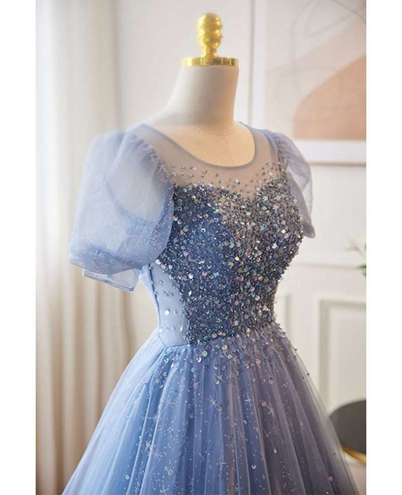 Sky Blue A-Line Sequin Short Sleeve Backless Beaded Mini Evening Dress - Chloe Dress