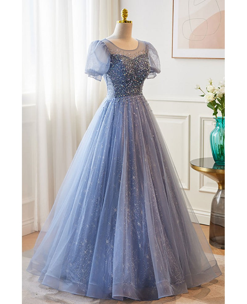 Sky Blue A-Line Sequin Short Sleeve Backless Beaded Mini Evening Dress - Chloe Dress