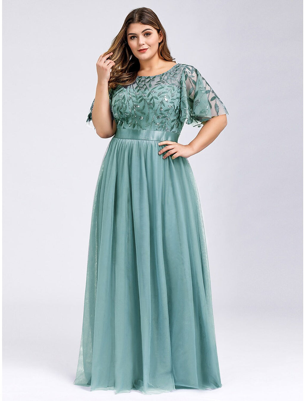 A-Line Tulle Short Sleeve Applique Floor-Length Prom Dress - Chloe Dress
