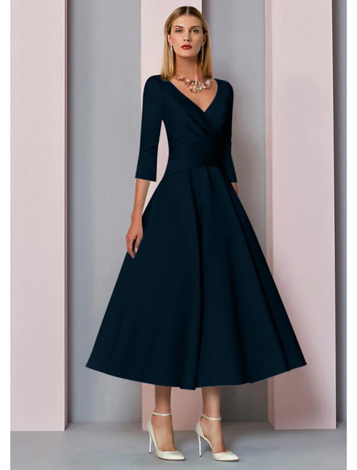 A-Line V-Neck Satin Three-Quarter Sleeve Pleated Tea-Length Wedding Dress - Chloe Dress