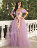 Mermaid V-Neck Tulle Short Sleeve Floor-Length Prom Dress - Chloe Dress