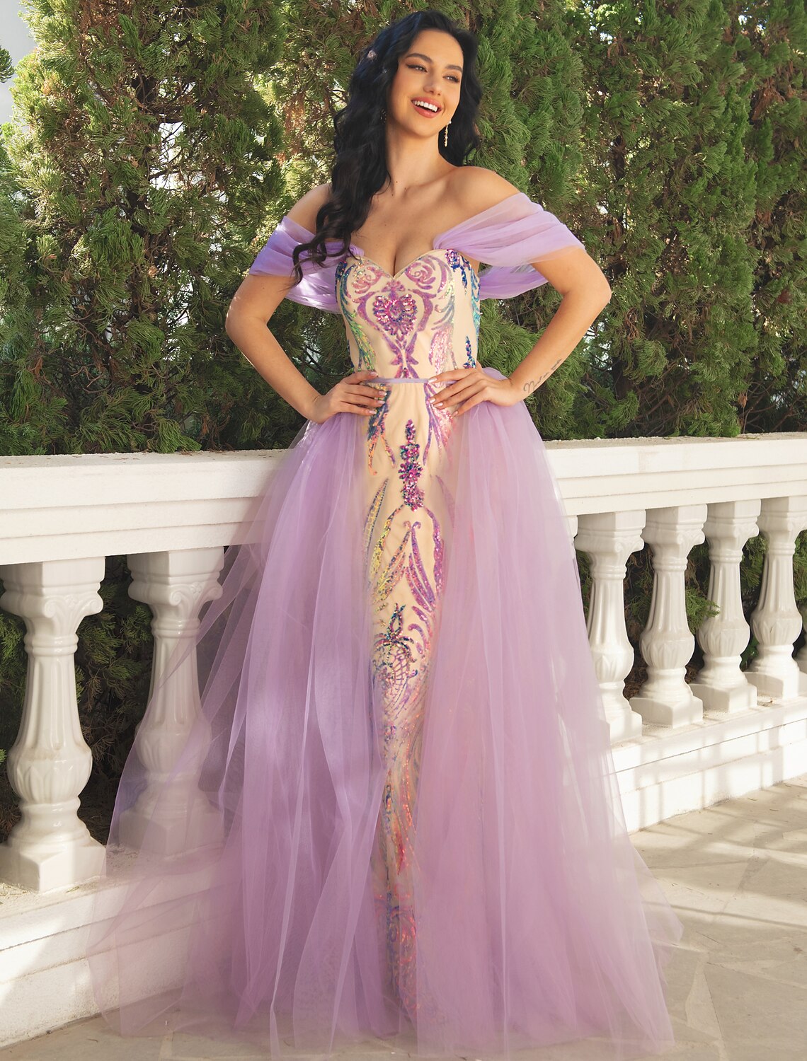 Mermaid V-Neck Tulle Short Sleeve Floor-Length Prom Dress - Chloe Dress