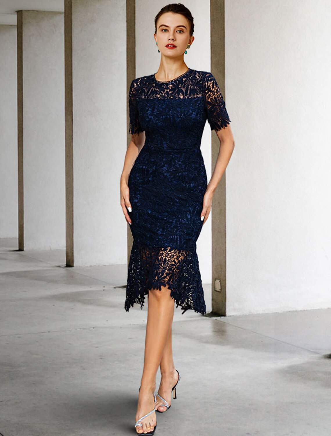 Sheath High Neck Lace Short Sleeve Applique Mini Dress - Chloe Dress
