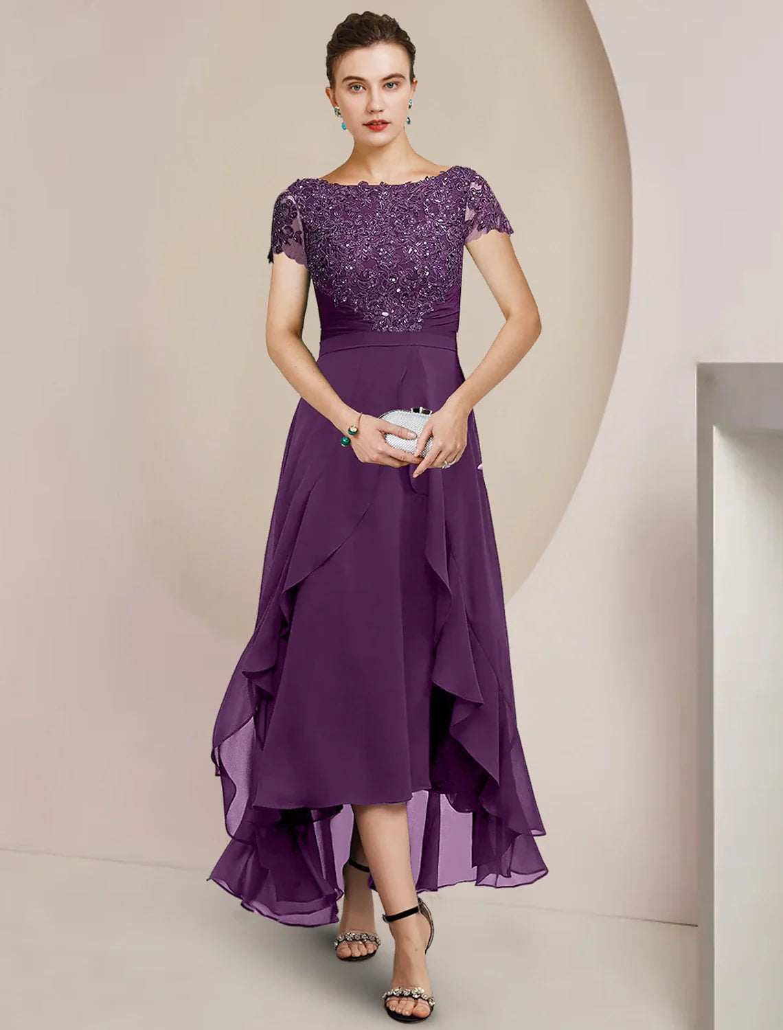 A-Line Chiffon Short Sleeve Asymmetric Mini Wedding Dress - Chloe Dress