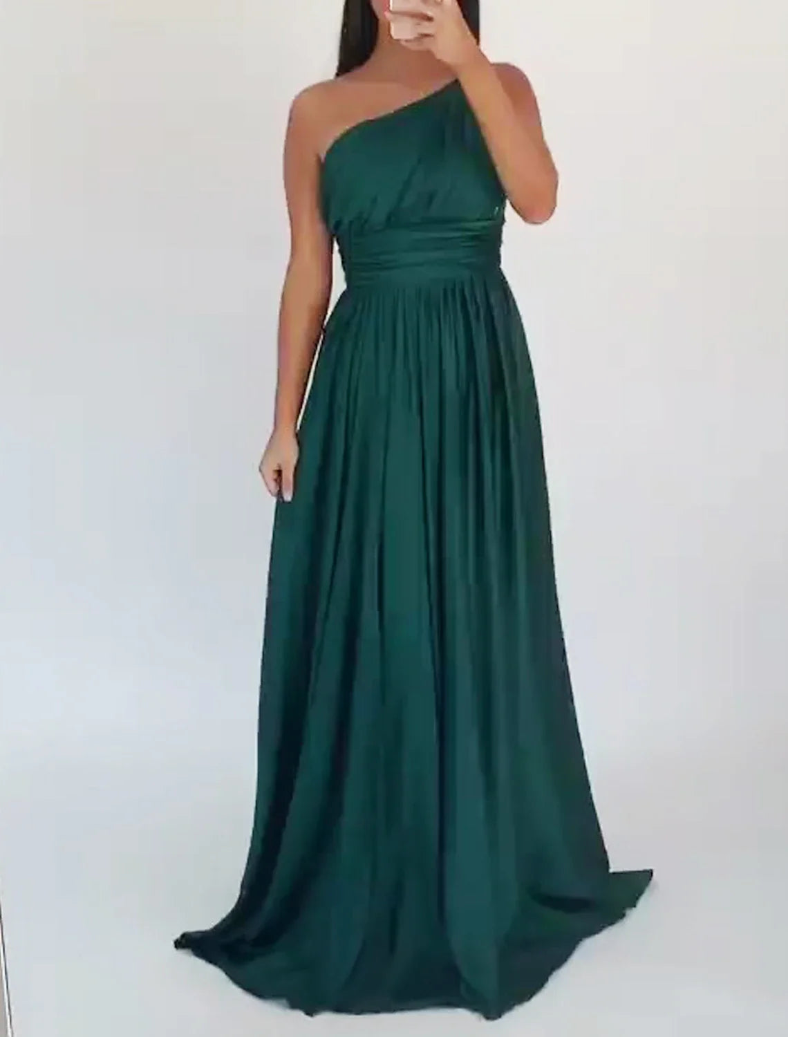 Black A-Line One-Shoulder Satin Sleeveless Train Evening Gown - Chloe Dress