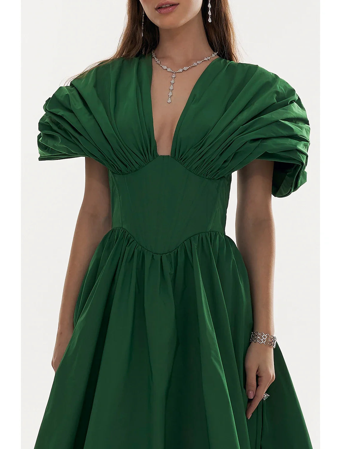 Black A-Line V-Neck Satin Short Sleeve Pleated Floor-Length Evening Gown - Chloe Dress