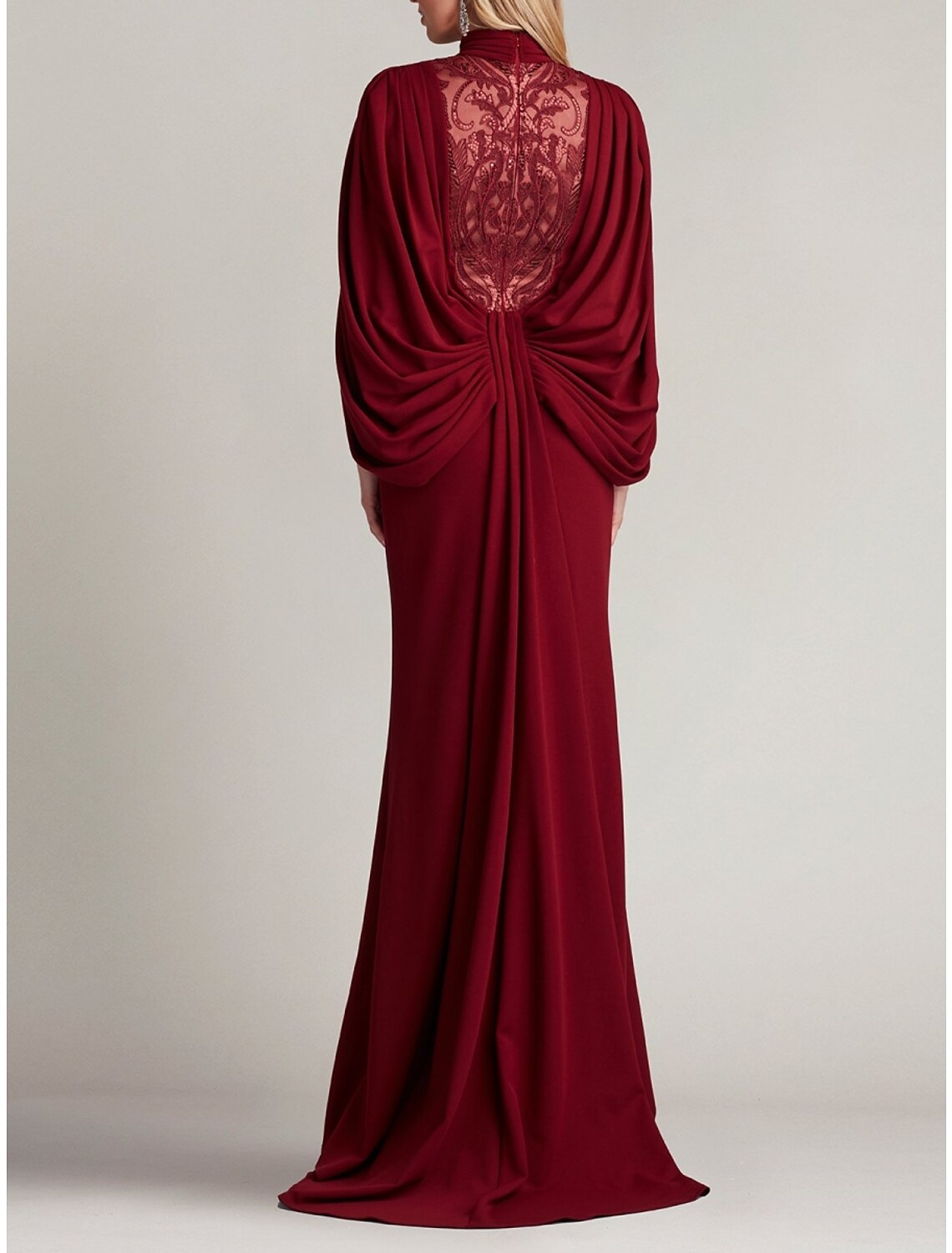 Mermaid High Neck Lace Long Sleeve Pleated Evening Gown - Chloe Dress