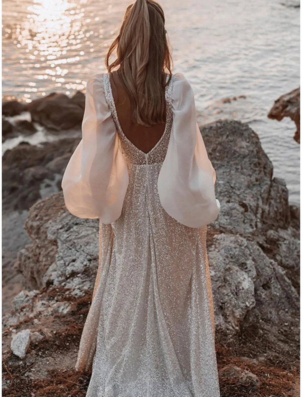 A-Line V-Neck Sequin Long Sleeve Open Back Pleated Wedding Gown - Chloe Dress