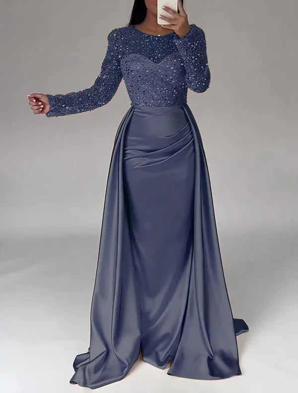 Mermaid Illusion Satin Long Sleeve Floor-Length Evening Gown - Chloe Dress