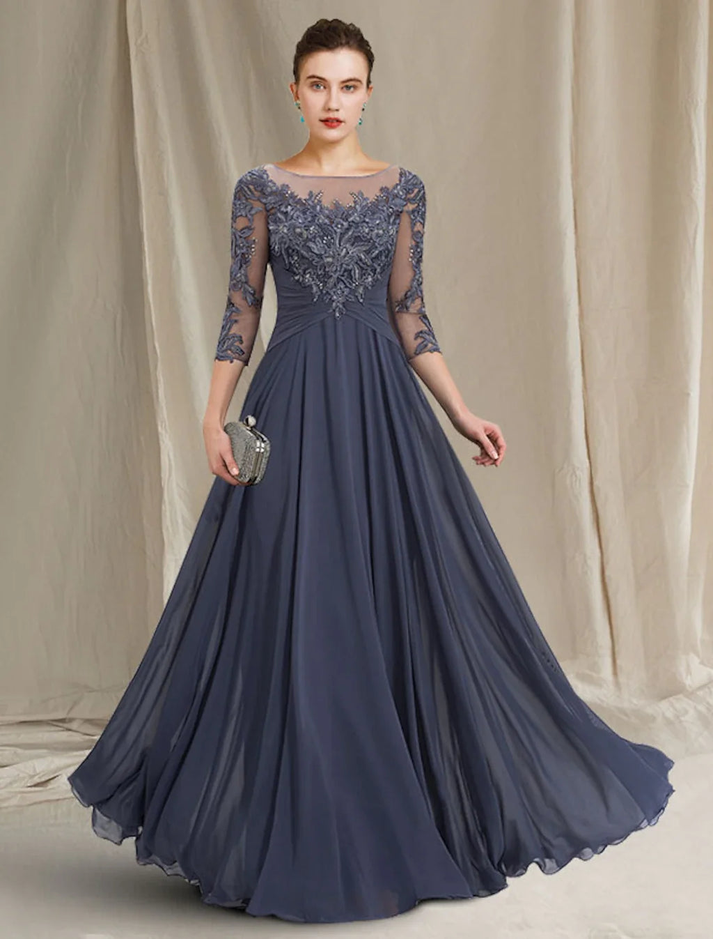 A-Line Chiffon Three-Quarter Sleeve Pleated Floor-Length Dress - Chloe Dress