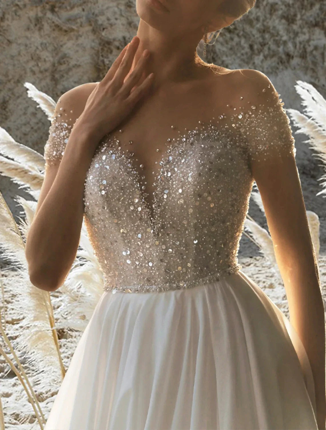 A-Line Off-Shoulder Chiffon Short Sleeve Pleated Mini Wedding Gown - Chloe Dress