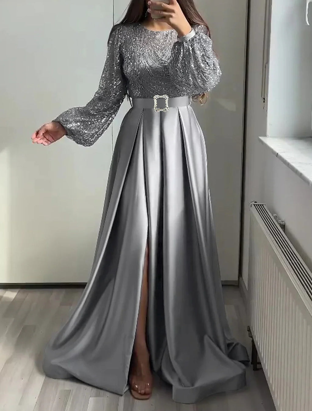 Black A-Line Satin Long Sleeve Floor-Length Evening Gown - Chloe Dress