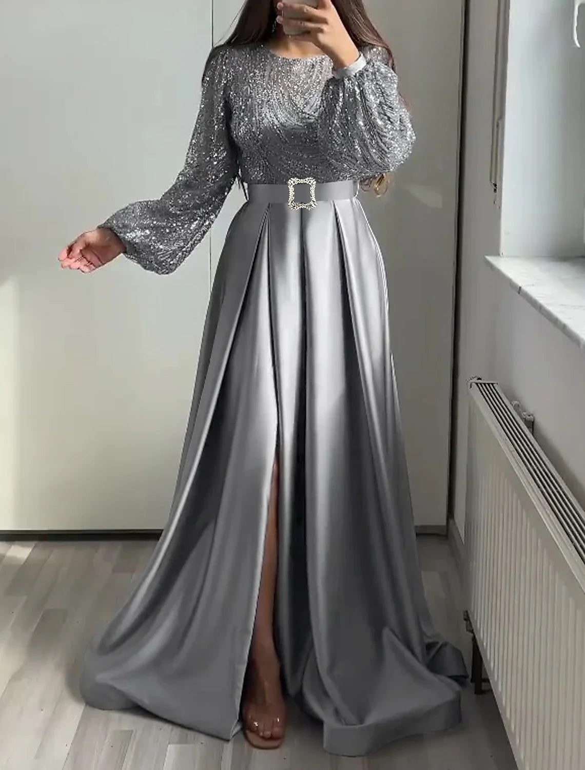 Black A-Line Satin Long Sleeve Floor-Length Evening Gown - Chloe Dress