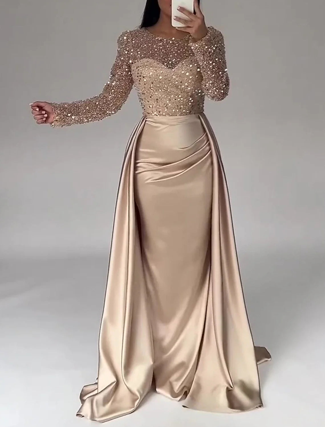 Mermaid Illusion Satin Long Sleeve Floor-Length Evening Gown - Chloe Dress