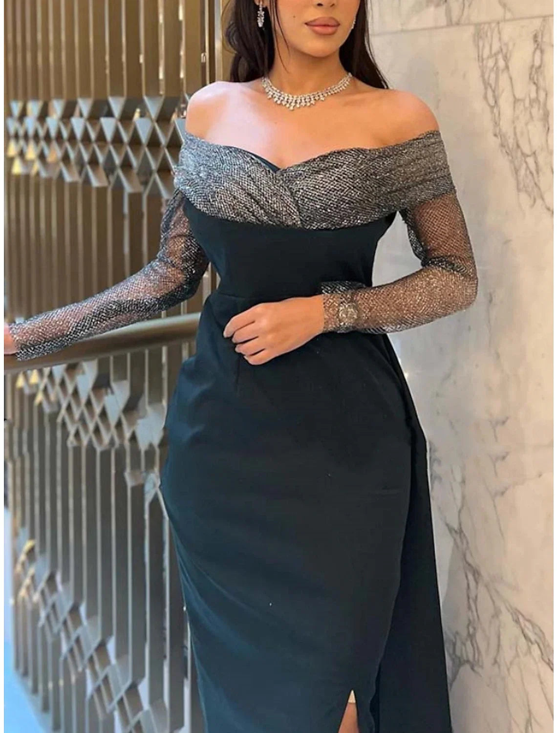 Black Sheath Off-Shoulder Sequin Long Sleeve High Slit Floor-Length Evening Gown - Chloe Dress