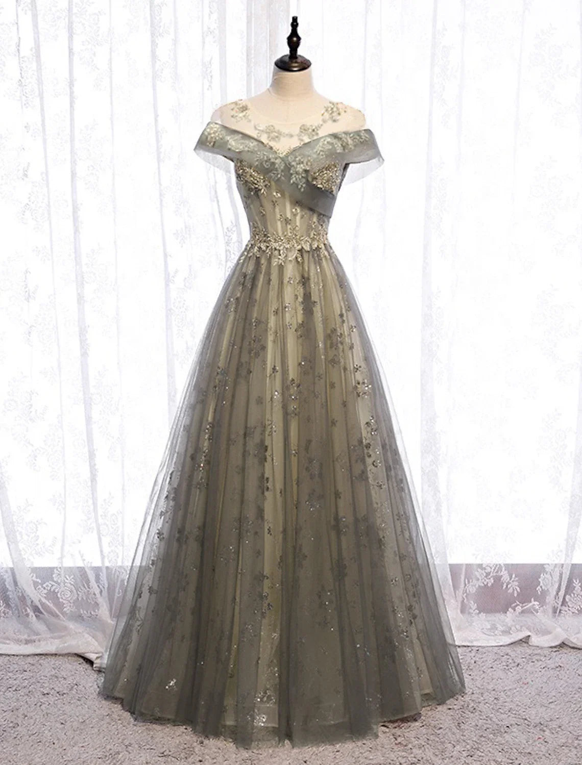 A-Line Illusion Tulle Short Sleeve Pleated Floor-Length Evening Gown - Chloe Dress