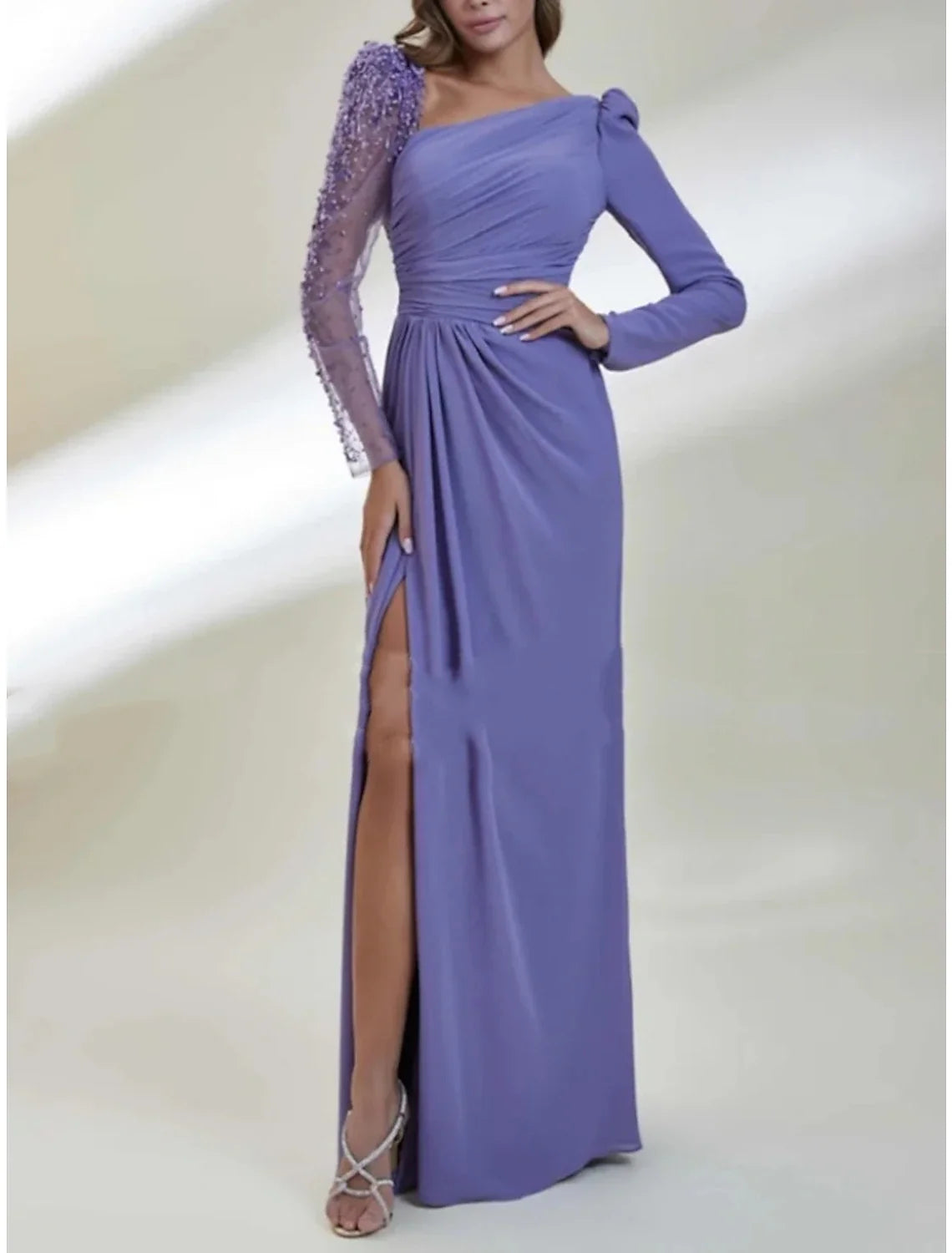 Green Sheath Chiffon Long Sleeve Pleated Evening Gown - Chloe Dress