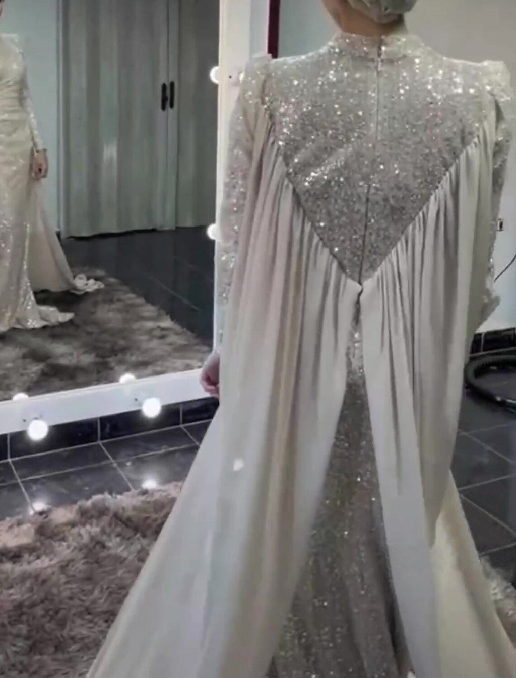 Mermaid High Neck Satin Long Sleeve Train Evening Gown - Chloe Dress
