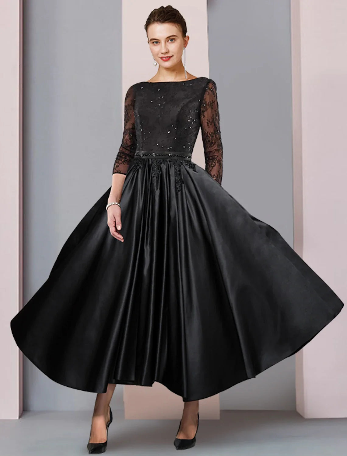 A-Line Satin Three-Quarter Sleeve Pleated Tea-Length Wedding Dress - Chloe Dress