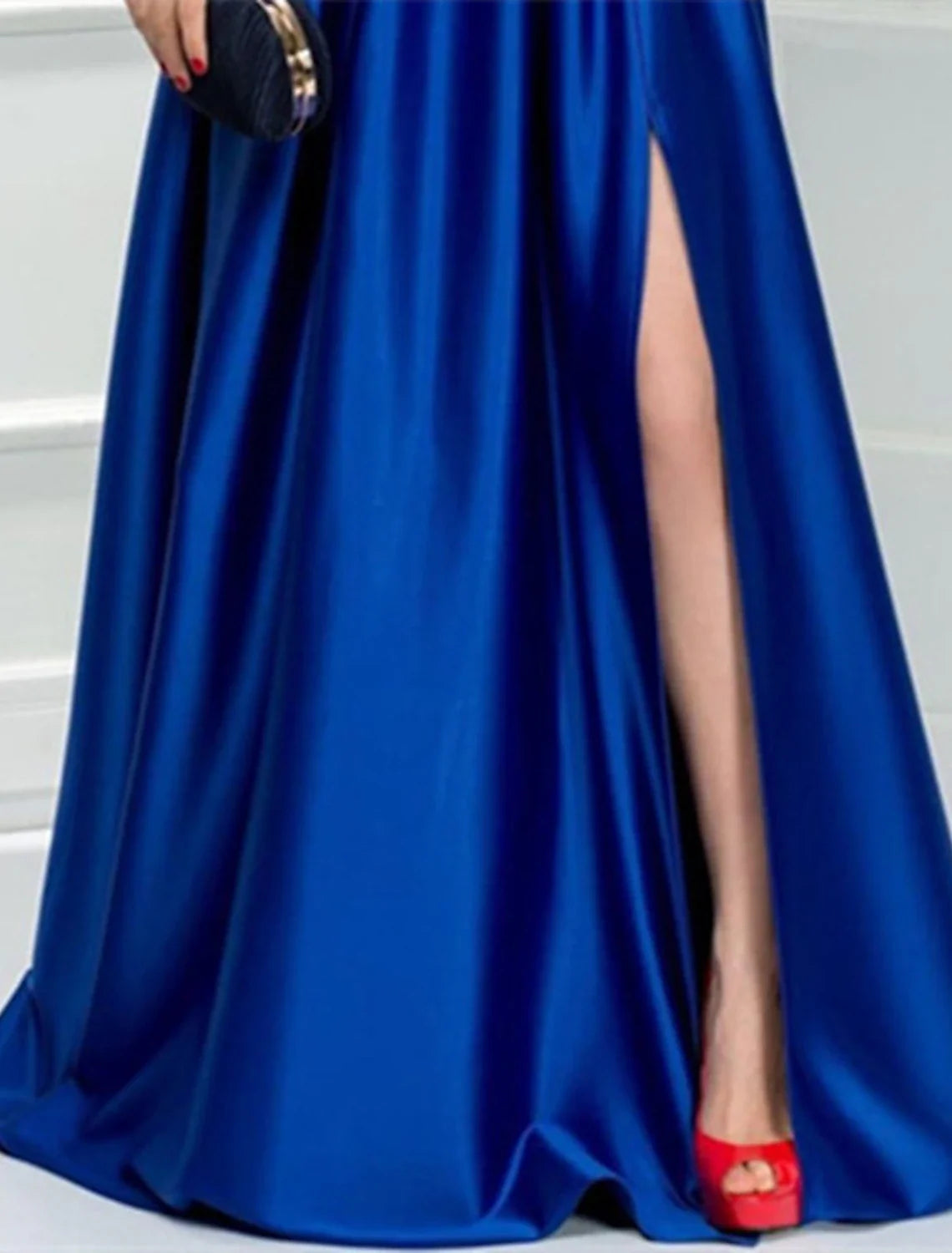 A-Line V-Neck Satin Long Sleeve High Slit Floor-Length Evening Gown - Chloe Dress