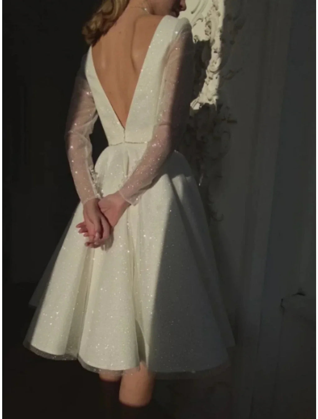White A-Line V-Neck Sequin Long Sleeve Pleated Knee-Length Wedding Gown - Chloe Dress
