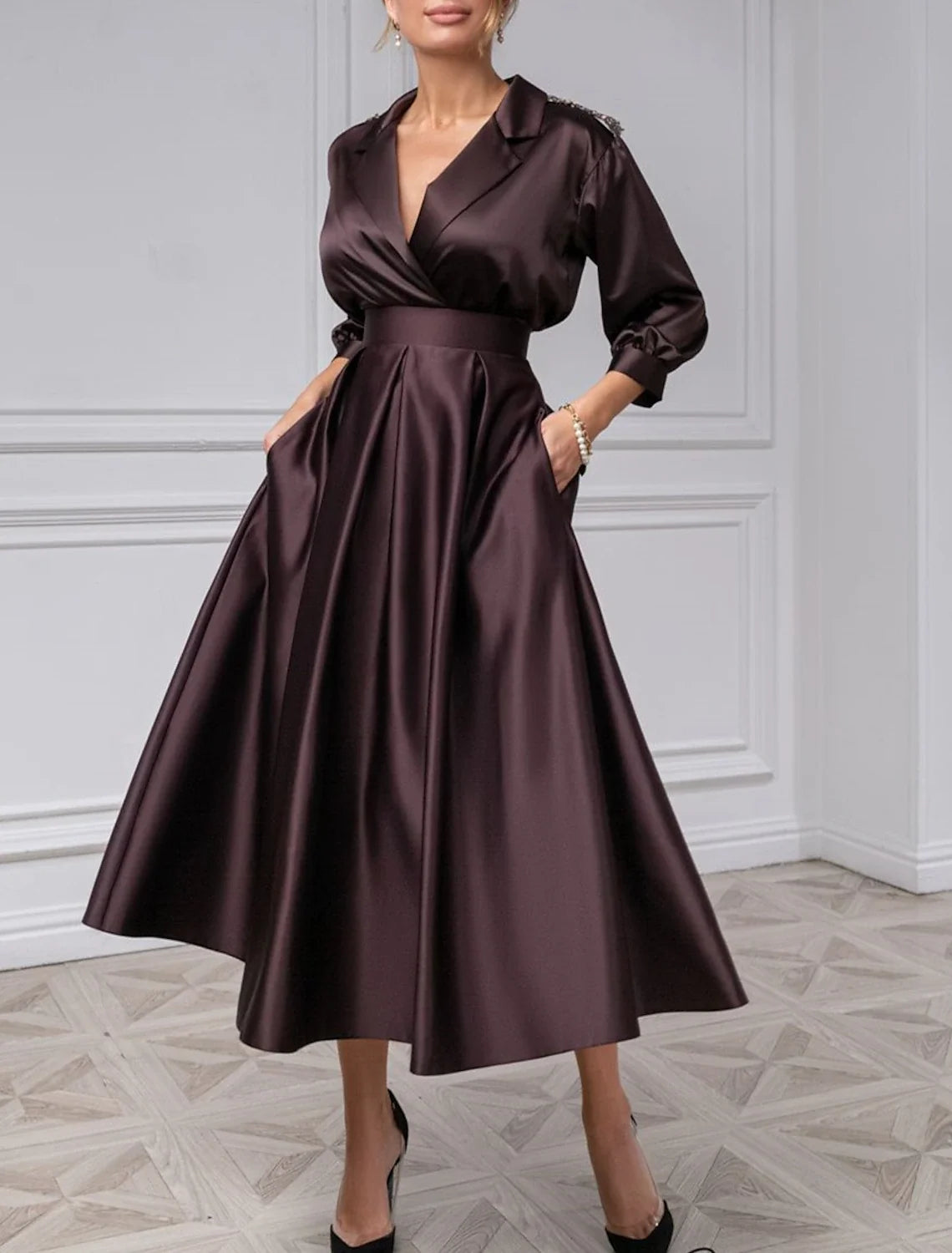 Black A-Line Satin Three-Quarter Sleeve Pleated Tea-Length Evening Dress - Chloe Dress