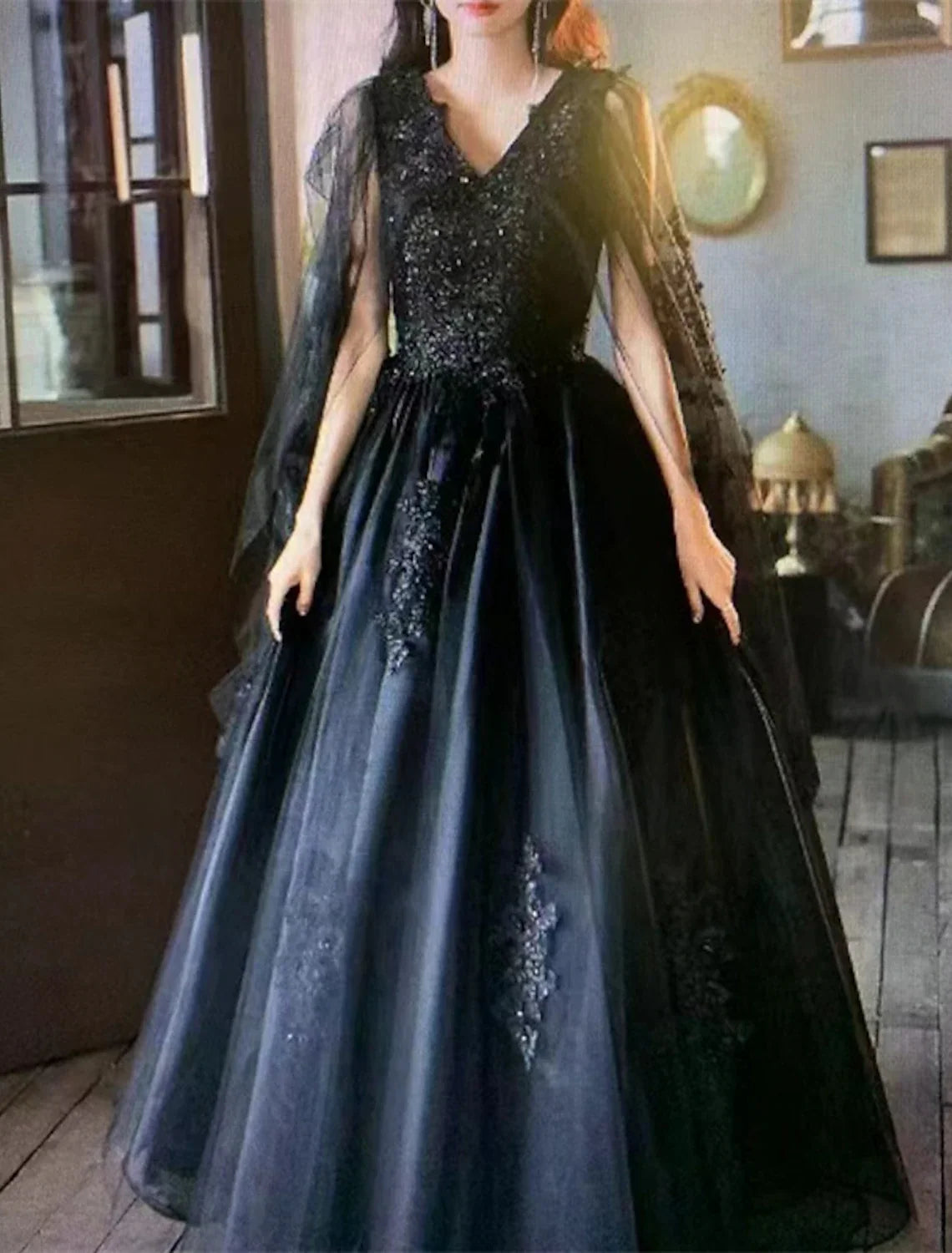 Ball Gown V-Neck Lace Long Sleeve Applique Floor-Length Wedding Gown - Chloe Dress