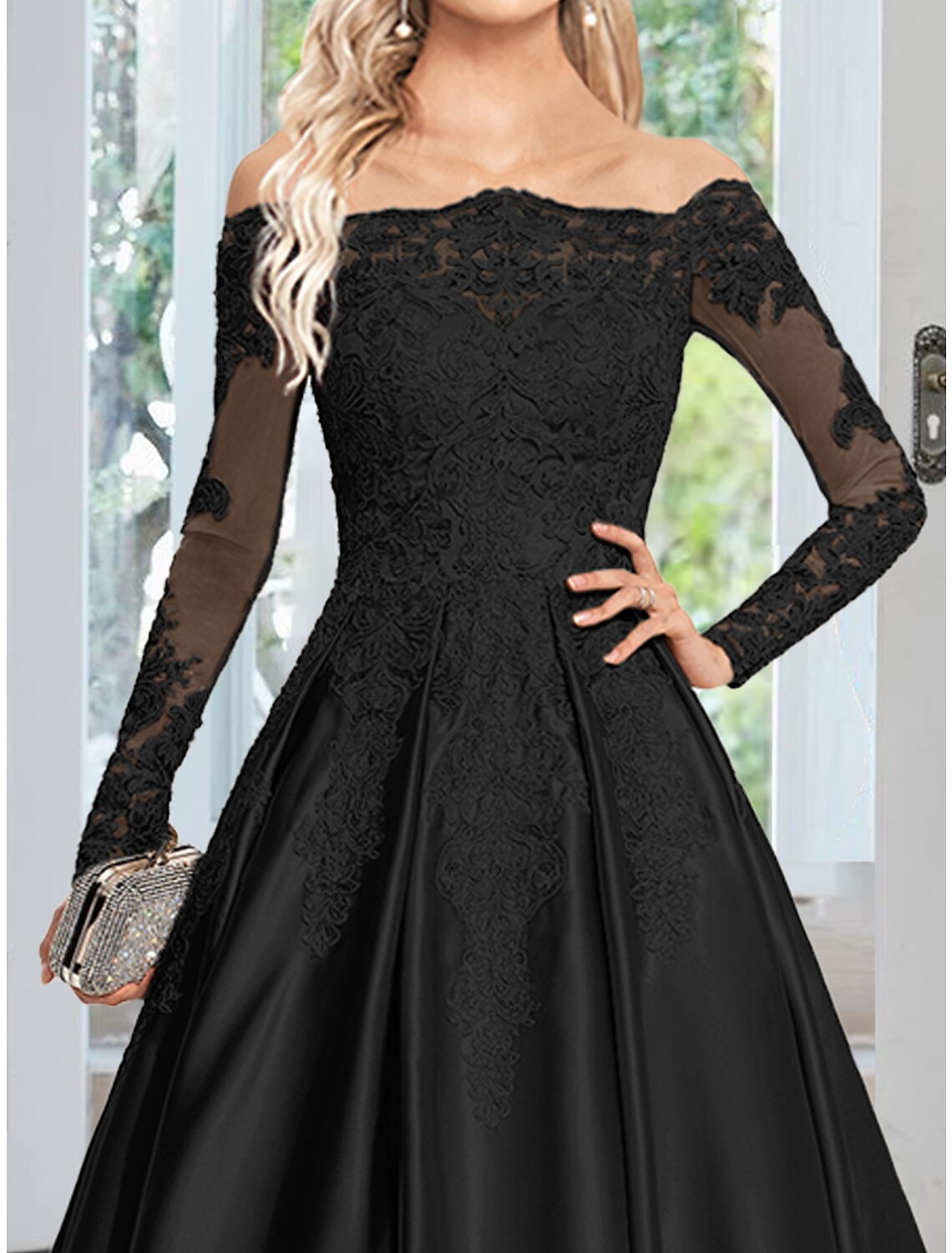A-Line Off-Shoulder Satin Long Sleeve Train Evening Gown - Chloe Dress